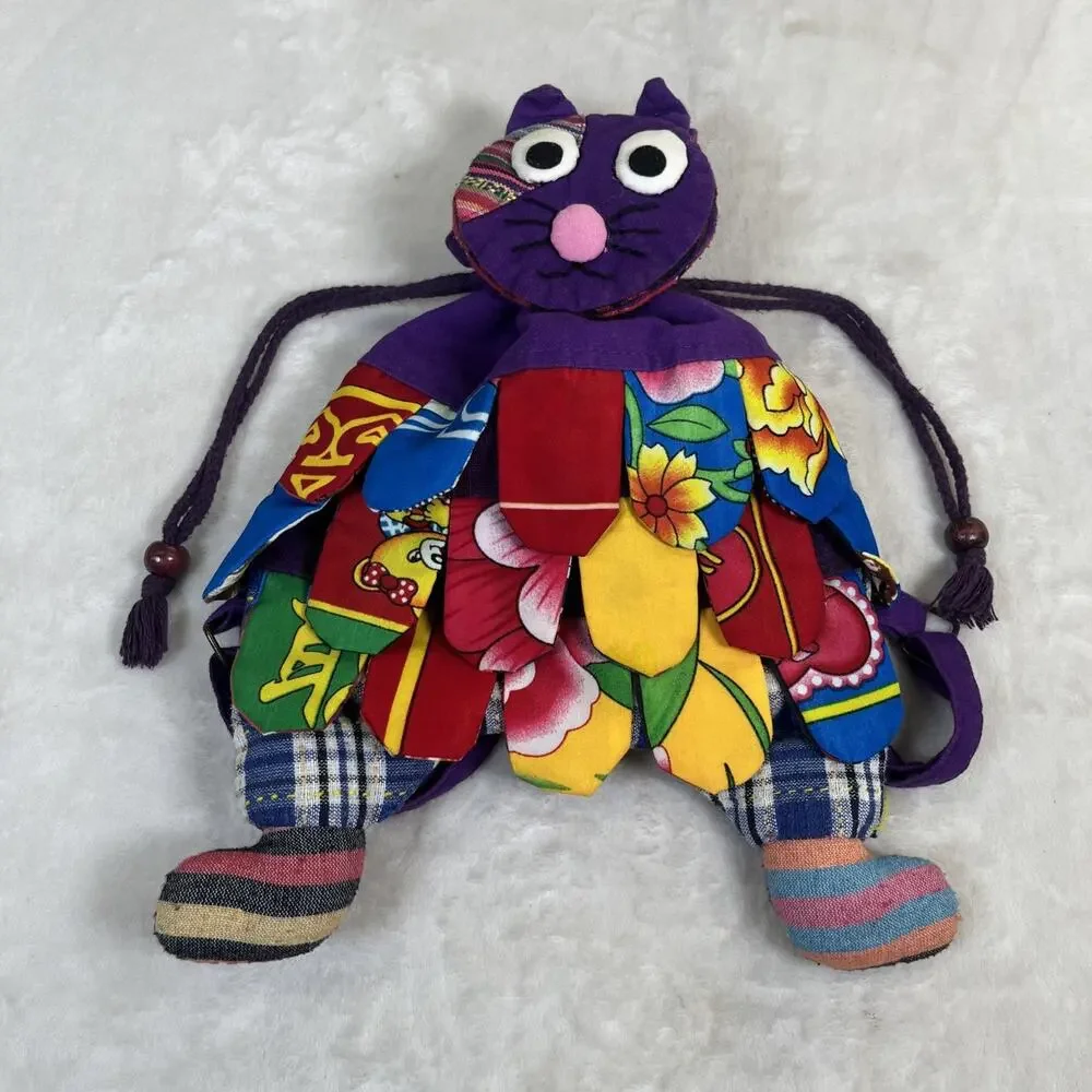 Handmade Patchwork Colorful Cat Drawstring Backpack Purple Multi-Color Charity